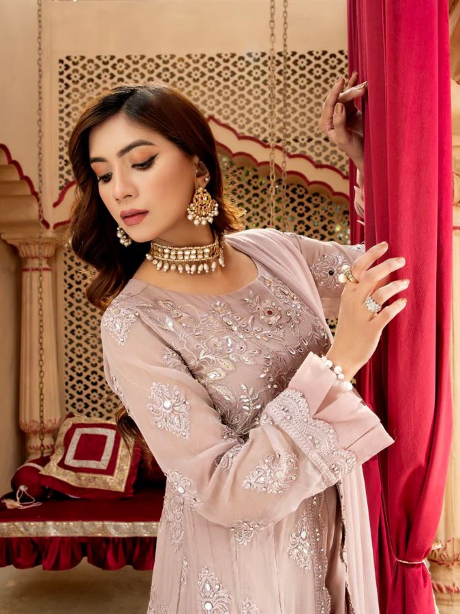 Lilac Manahil Arts Chiffon Embroidered Stitched 3-Piece Suit-Kurti-B-006-Lilac