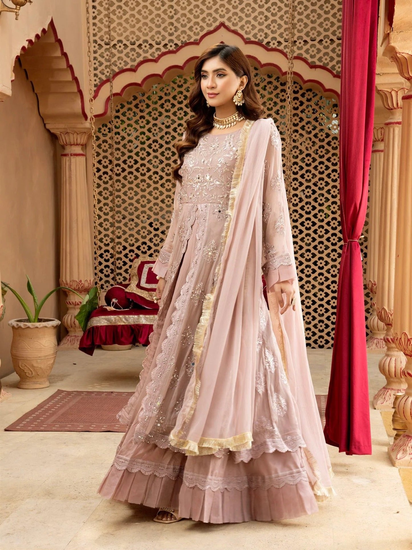 Lilac Manahil Arts Chiffon Embroidered Stitched 3-Piece Suit-Kurti-B-006-Lilac