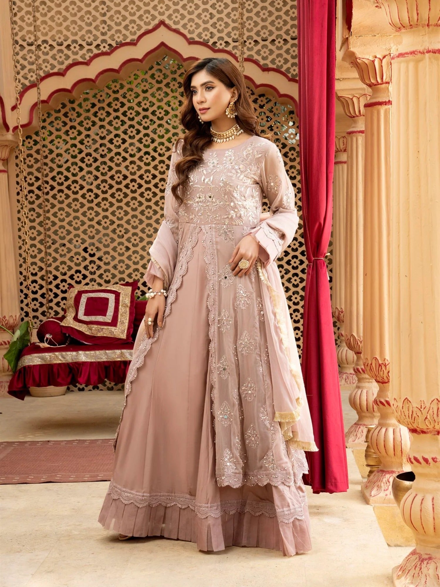 Lilac Manahil Arts Chiffon Embroidered Stitched 3-Piece Suit-Kurti-B-006-Lilac