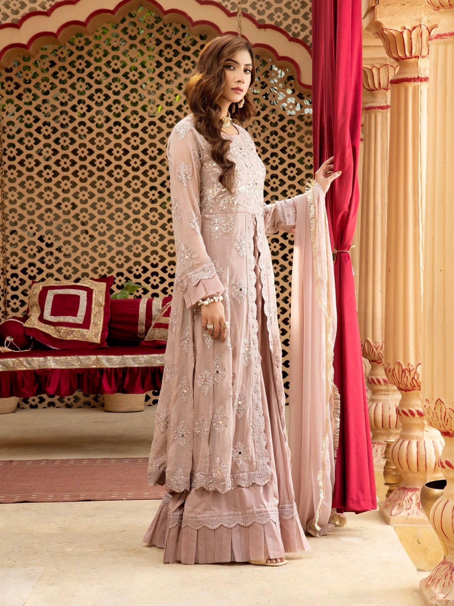 Lilac Manahil Arts Chiffon Embroidered Stitched 3-Piece Suit-Kurti-B-006-Lilac
