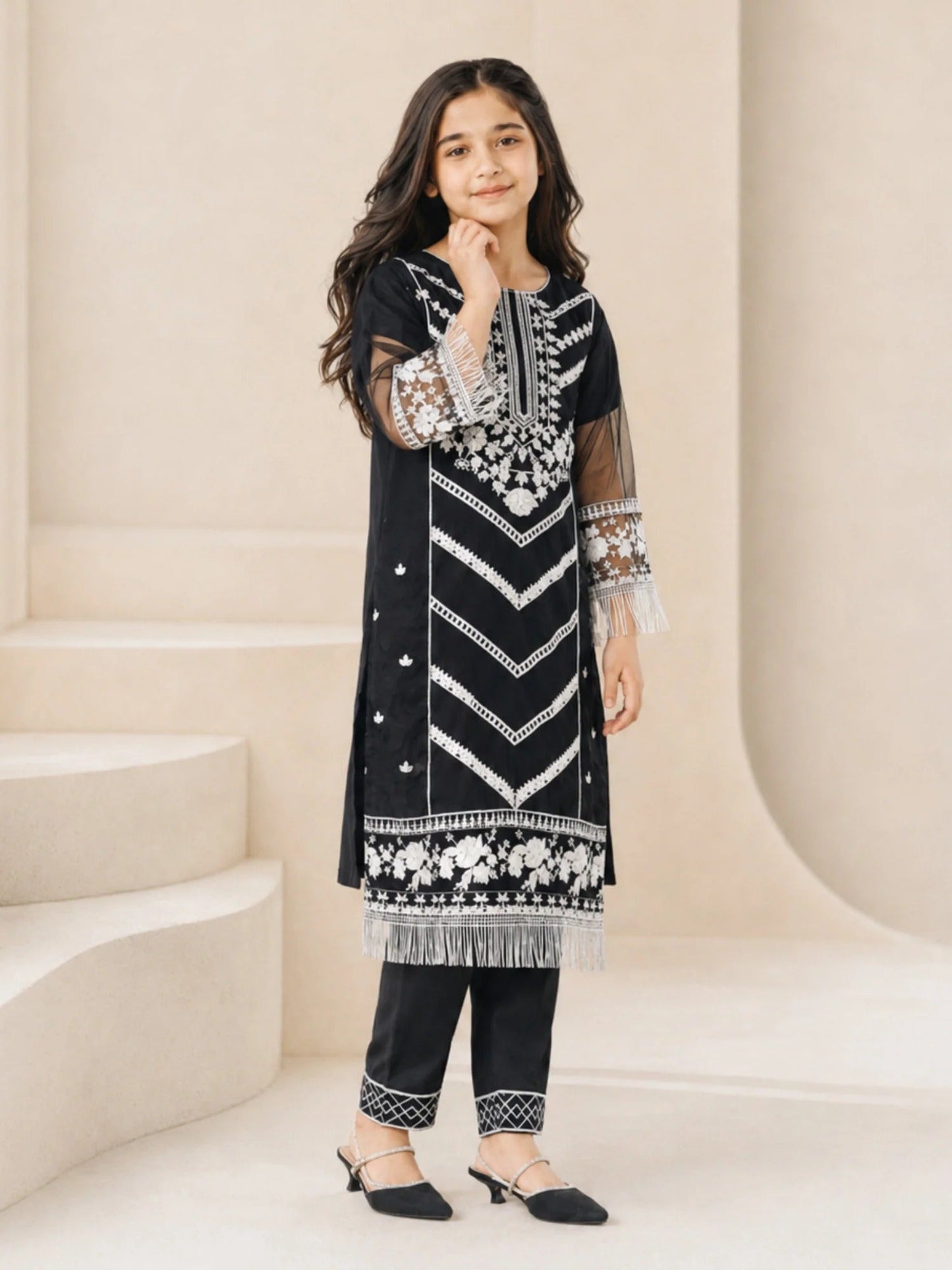 Black Lumira Organza Embroidered Stitched 2-Piece Suit-Abeer Black