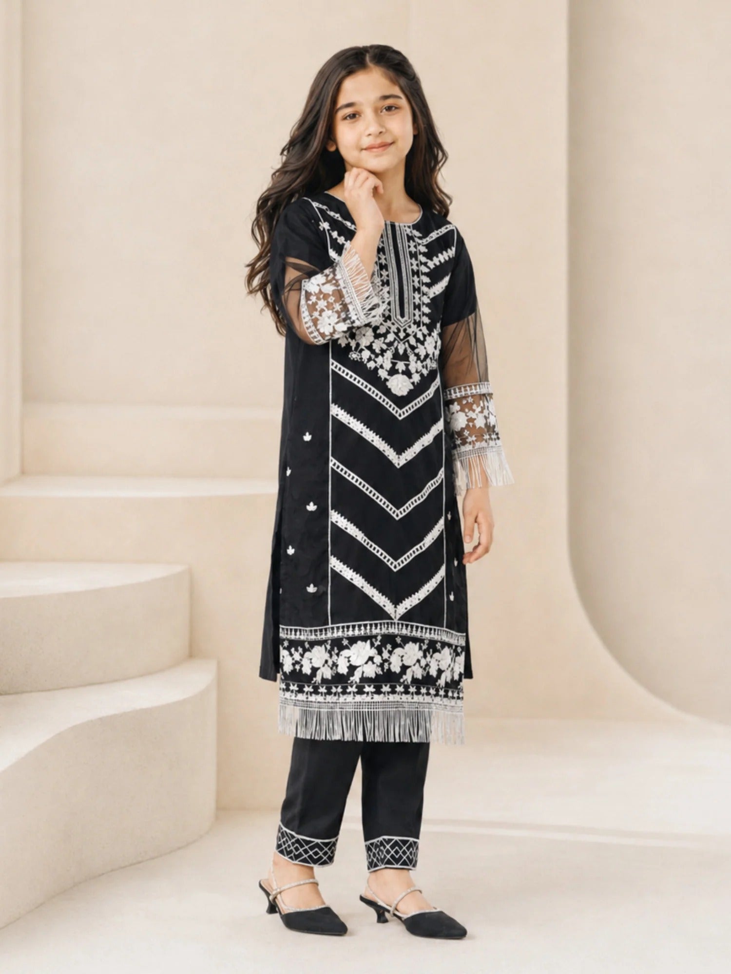 Black Lumira Organza Embroidered Stitched 2-Piece Suit-Abeer Black
