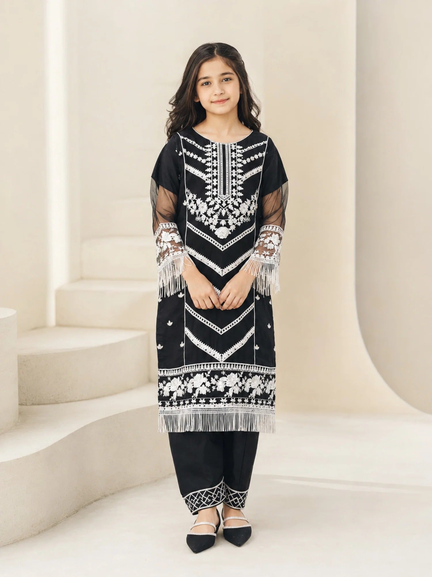 Black Lumira Organza Embroidered Stitched 2-Piece Suit-Abeer Black
