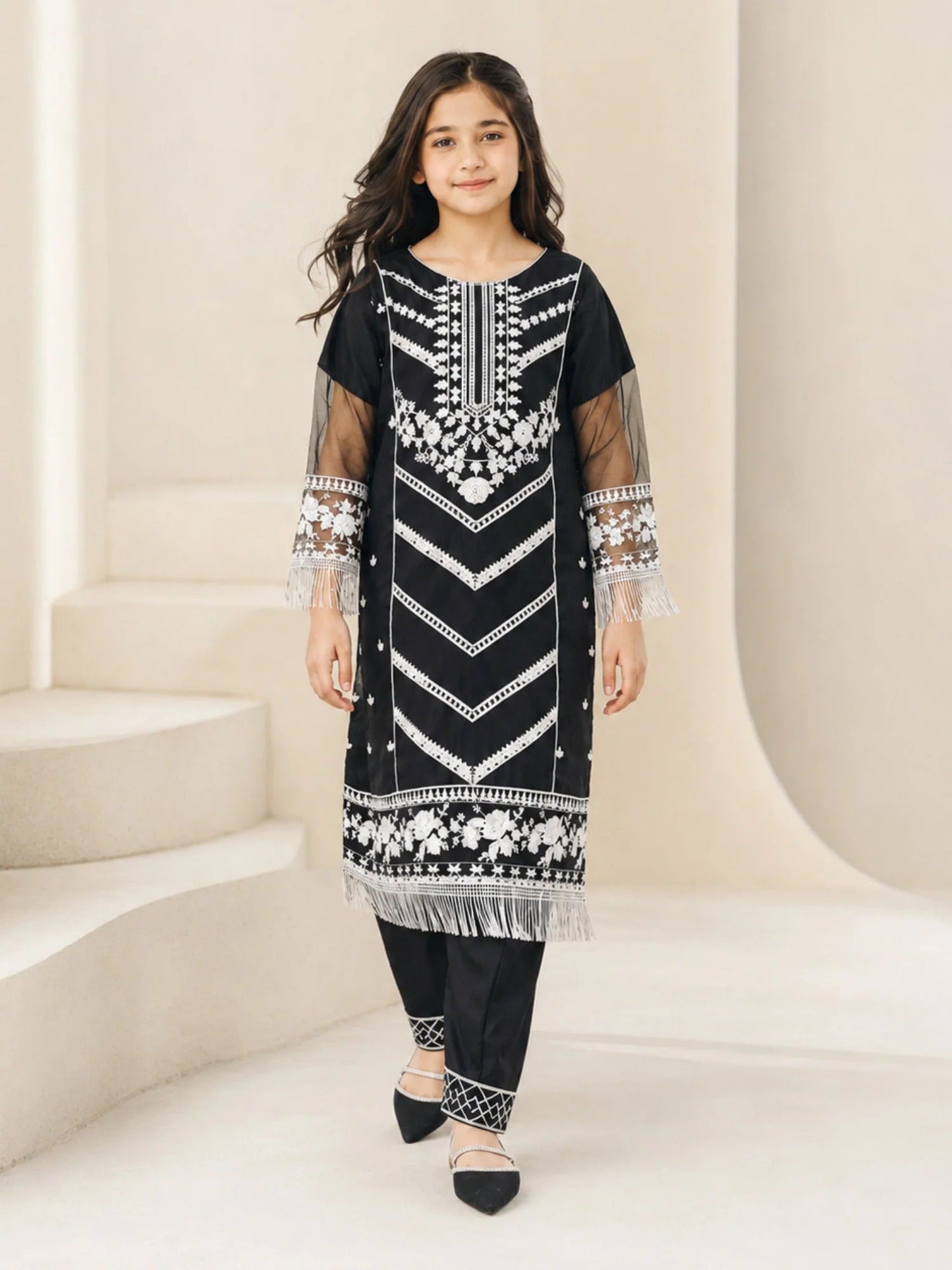 Black Lumira Organza Embroidered Stitched 2-Piece Suit-Abeer Black