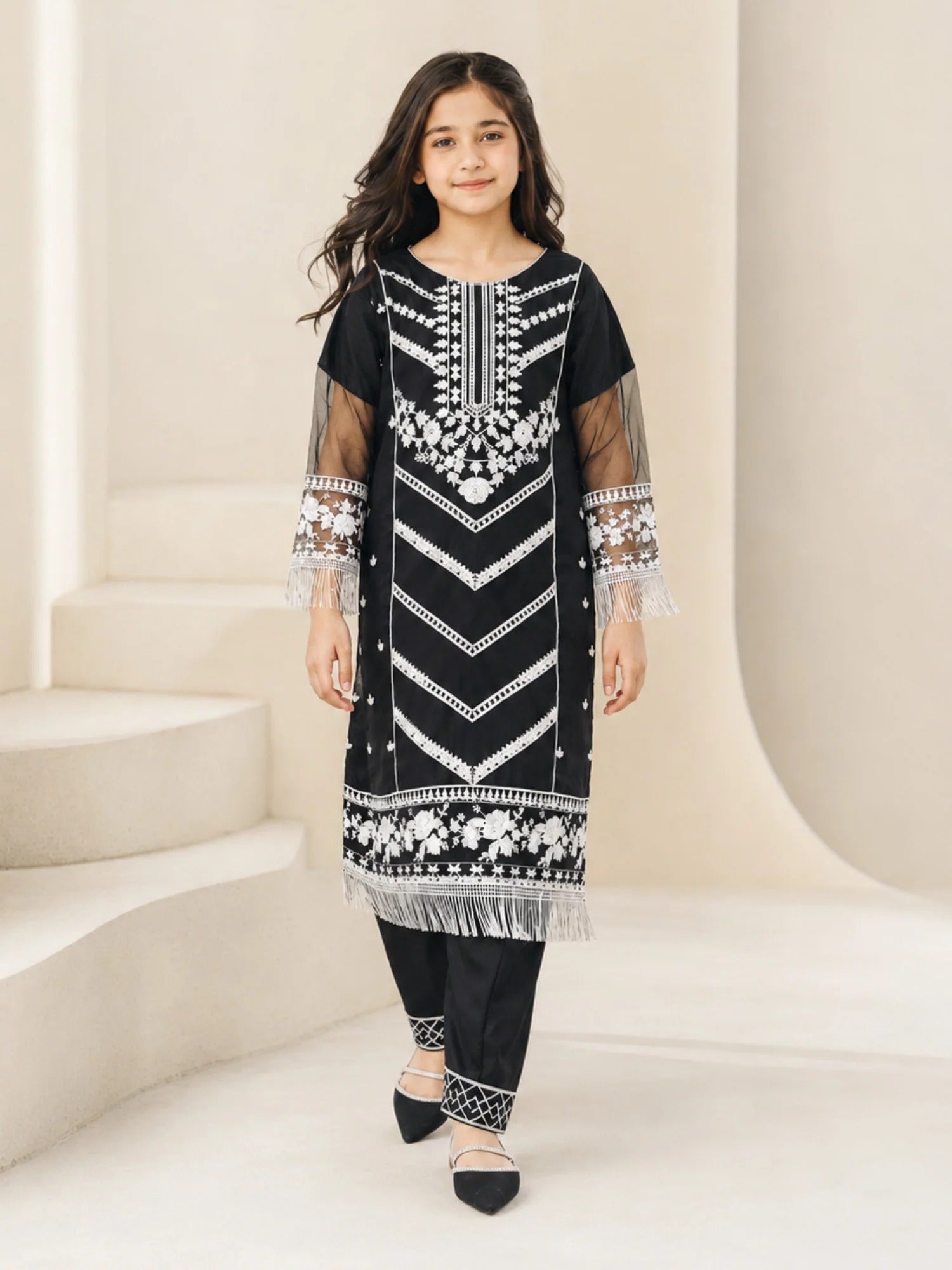 Black Lumira Organza Embroidered Stitched 2-Piece Suit-Abeer Black