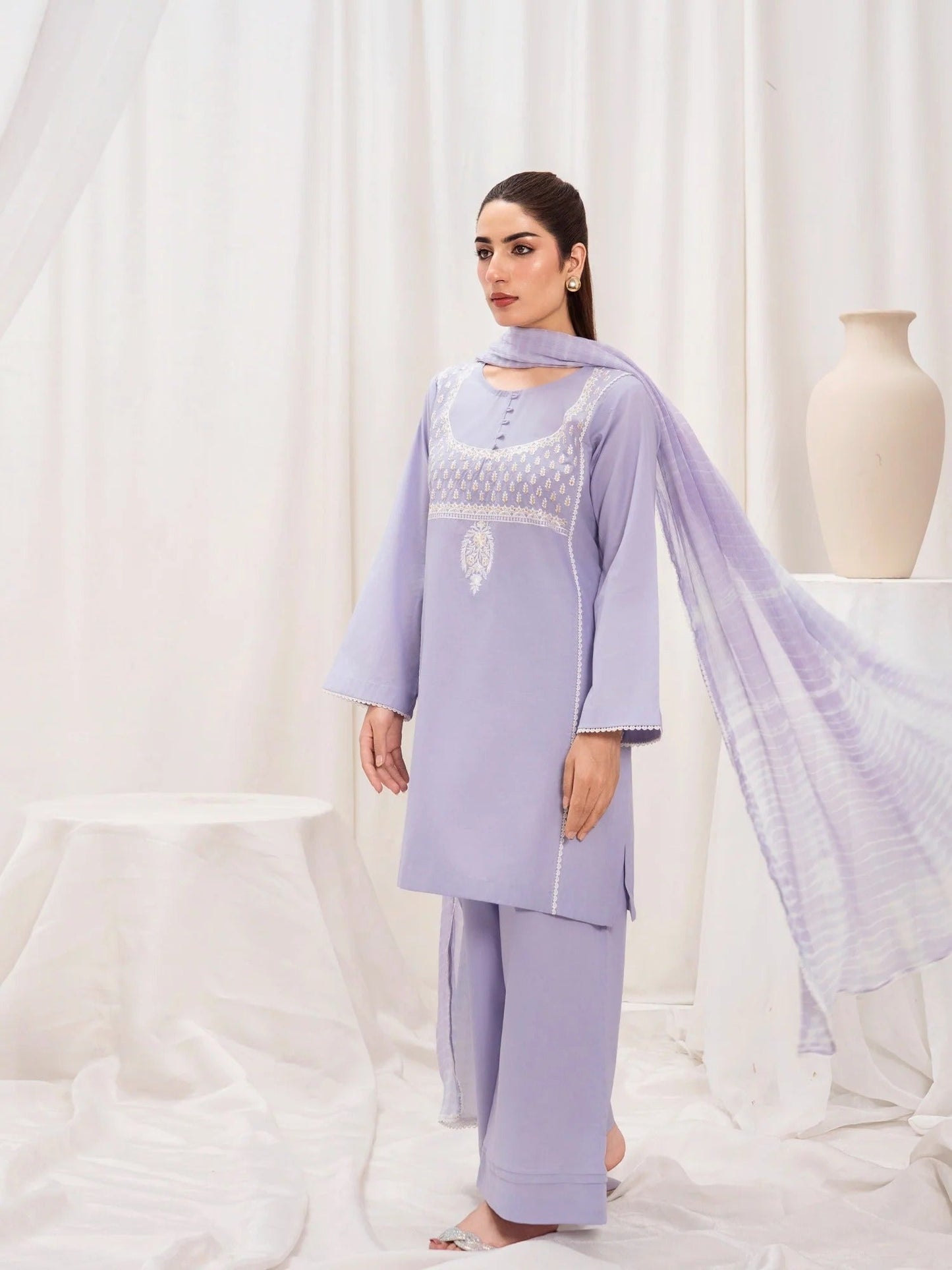 Lilac-HEM Lawn Cotton Embroidered Stitched 3-Piece Suit-Butter Fly Blush