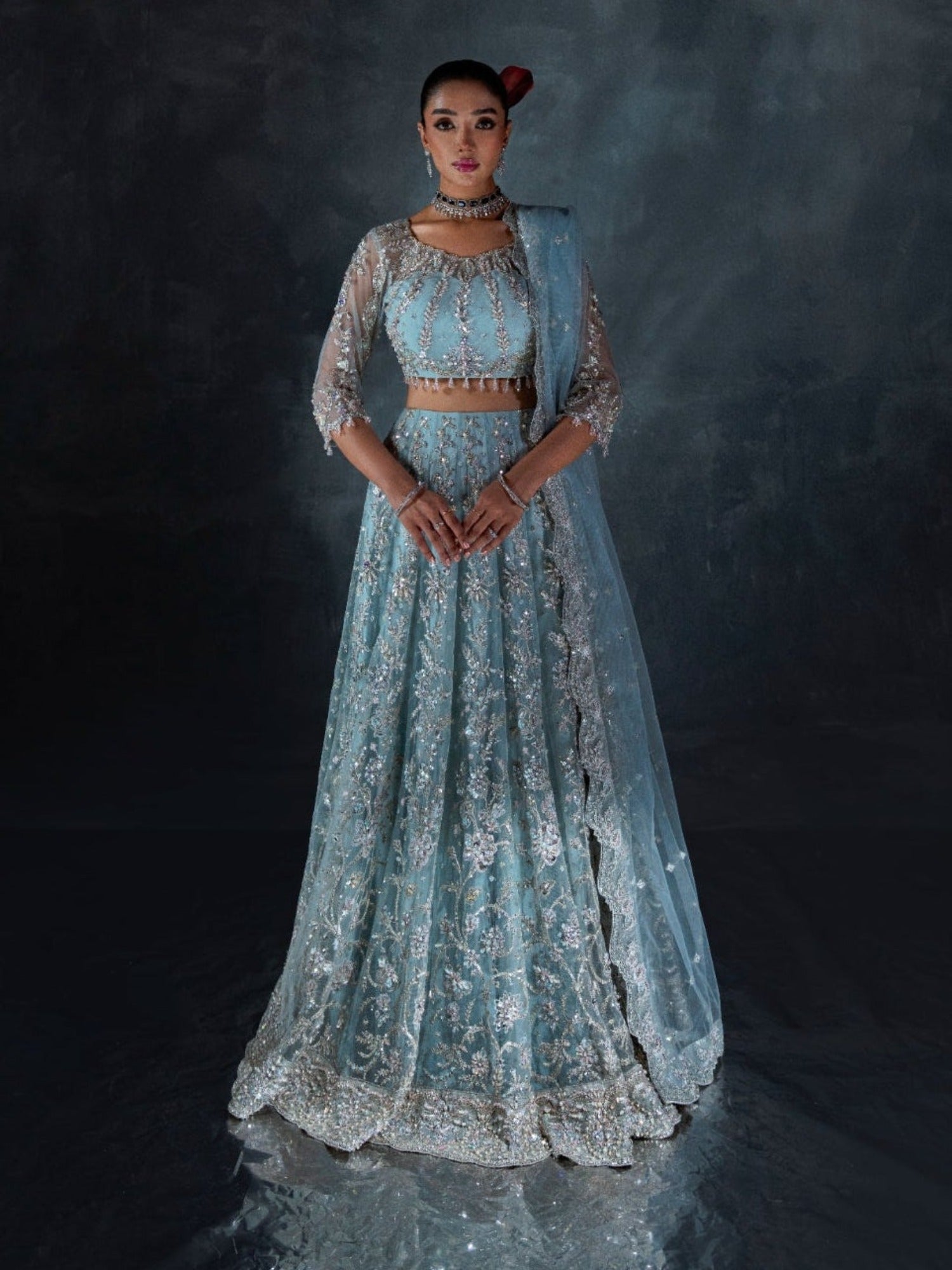 Blue Enzo Reve Dore Net Embellished Unstitched Lehnga Set-Syera