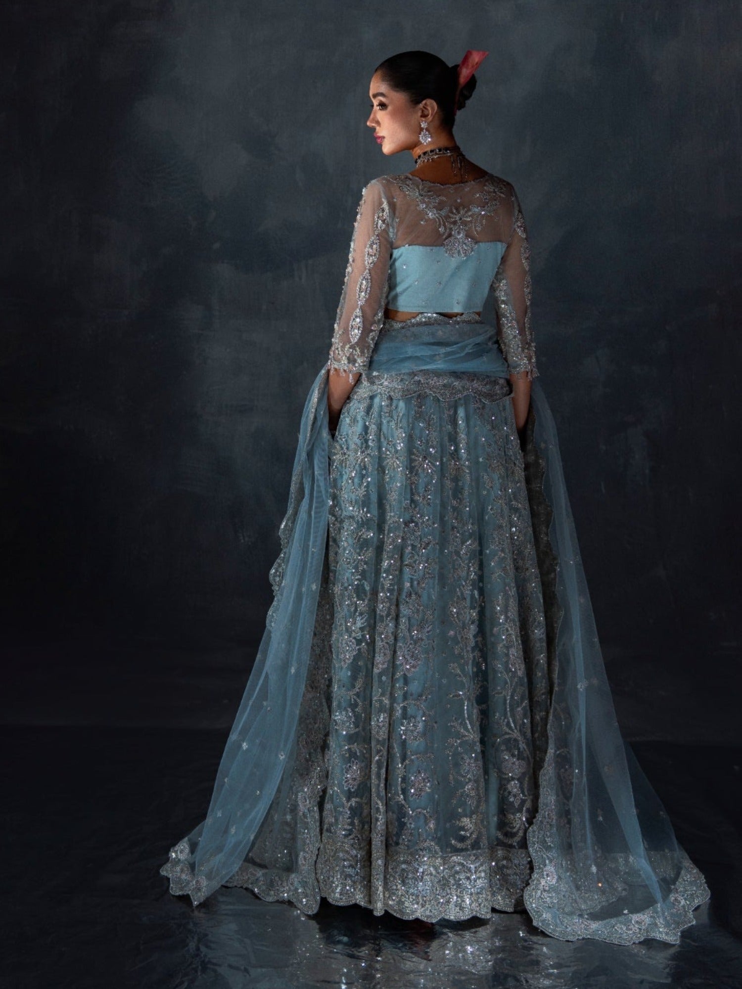 Blue Enzo Reve Dore Net Embellished Unstitched Lehnga Set-Syera
