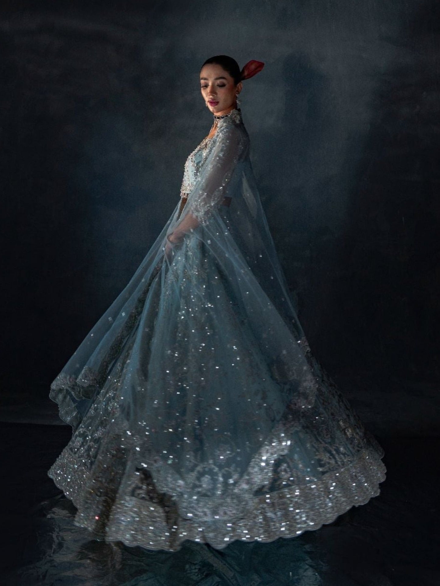 Blue Enzo Reve Dore Net Embellished Unstitched Lehnga Set-Syera