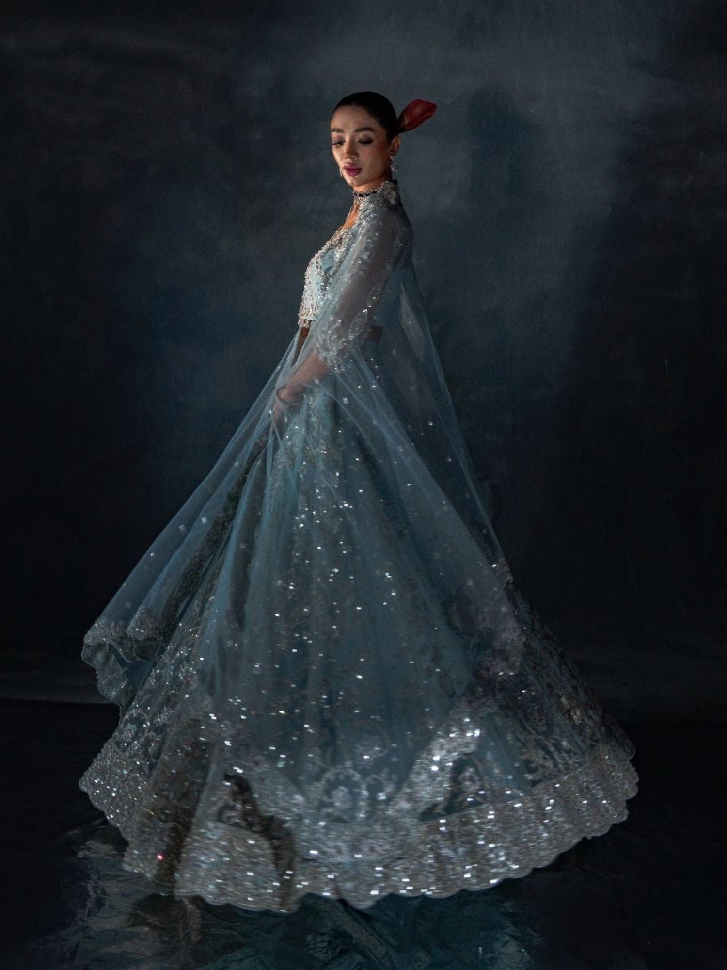 Blue Enzo Reve Dore Net Embellished Unstitched Lehnga Set-Syera