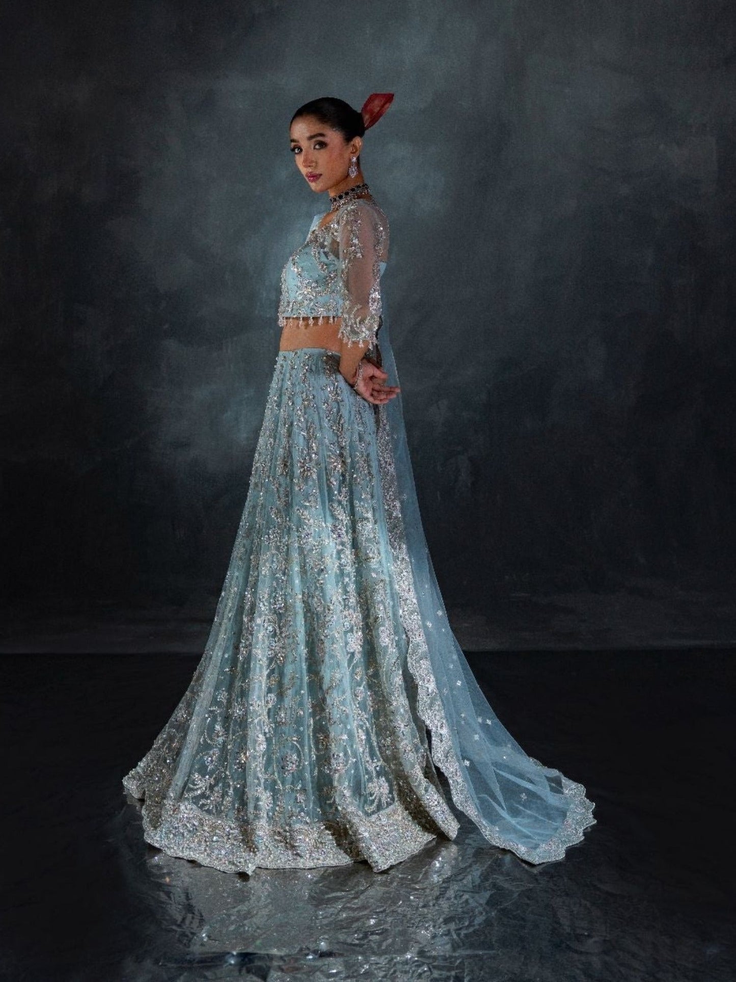 Blue Enzo Reve Dore Net Embellished Unstitched Lehnga Set-Syera