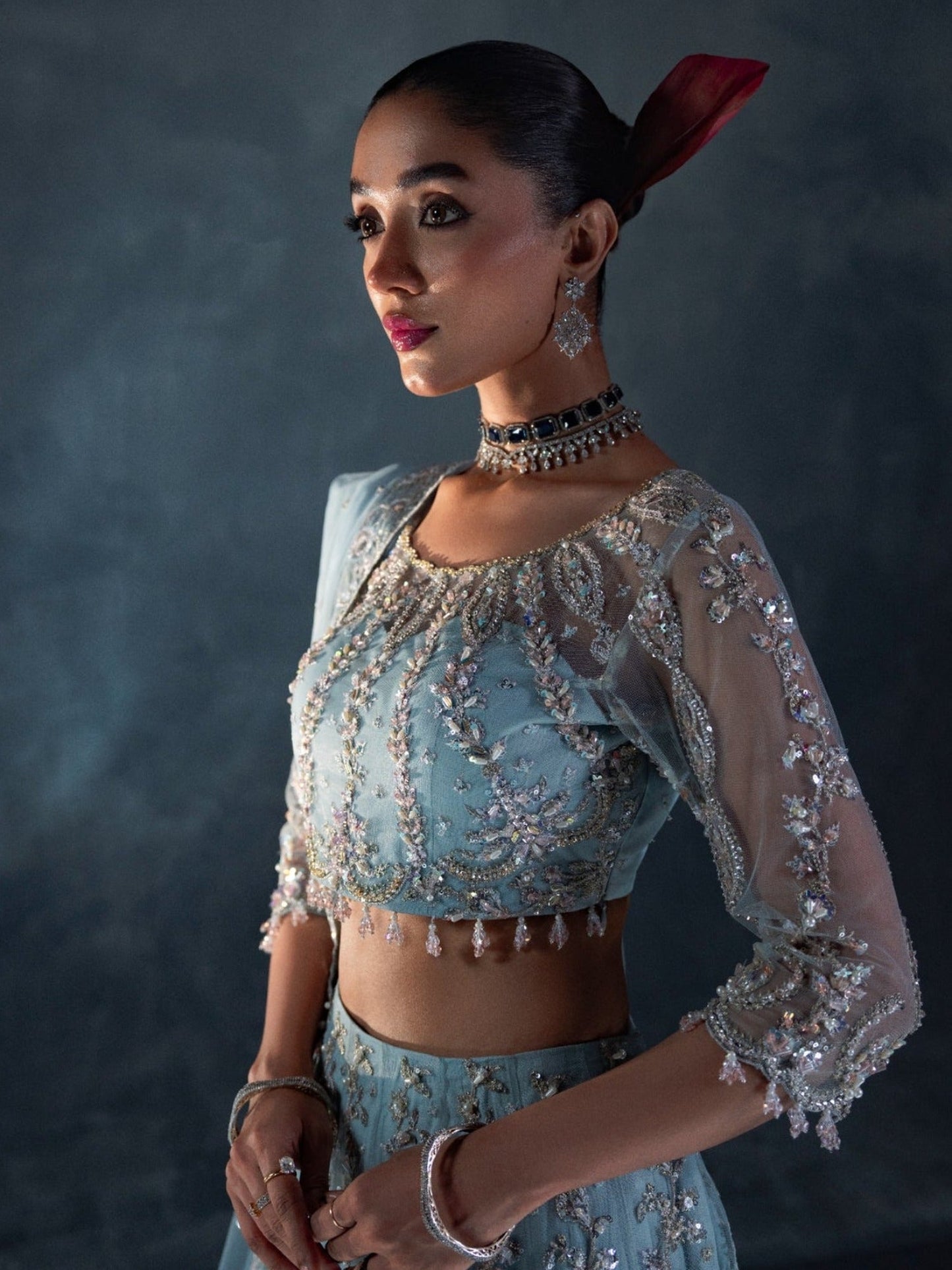 Blue Enzo Reve Dore Net Embellished Unstitched Lehnga Set-Syera