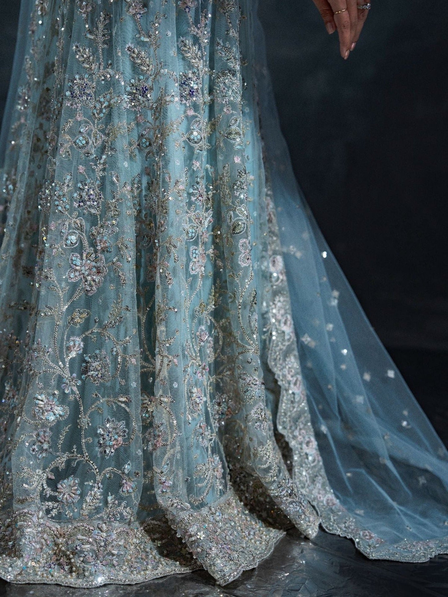Blue Enzo Reve Dore Net Embellished Unstitched Lehnga Set-Syera