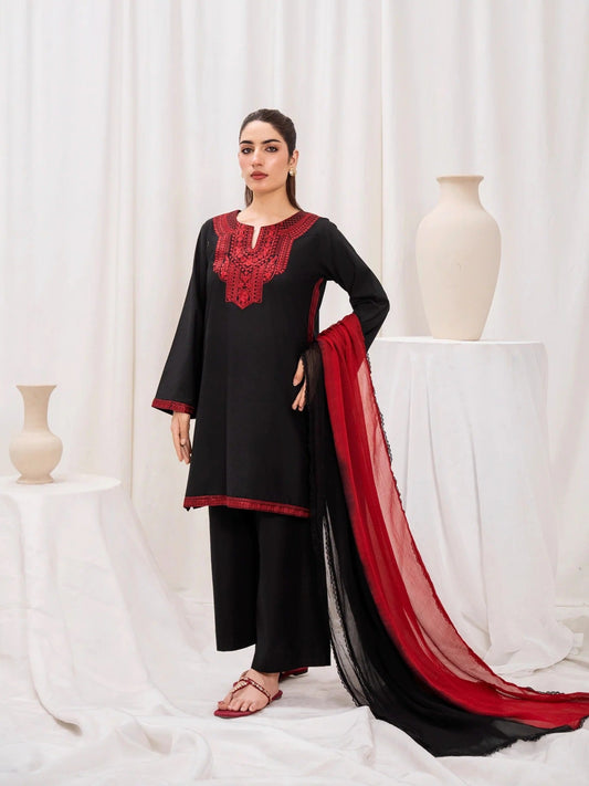 Black - HEM Lawn Cotton Embroidered Stitched 3-Piece Suit-May
