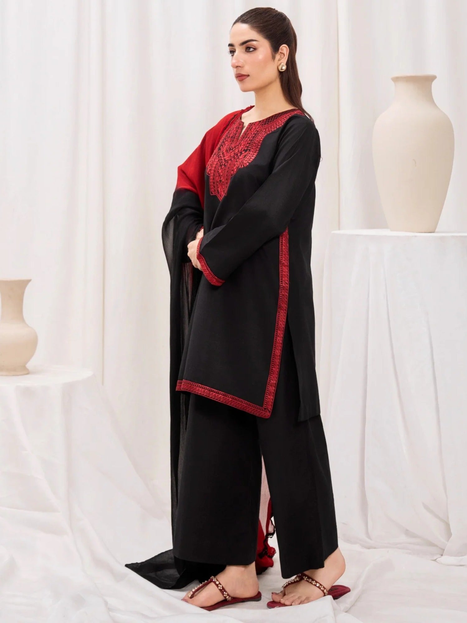Black - HEM Lawn Cotton Embroidered Stitched 3-Piece Suit-May
