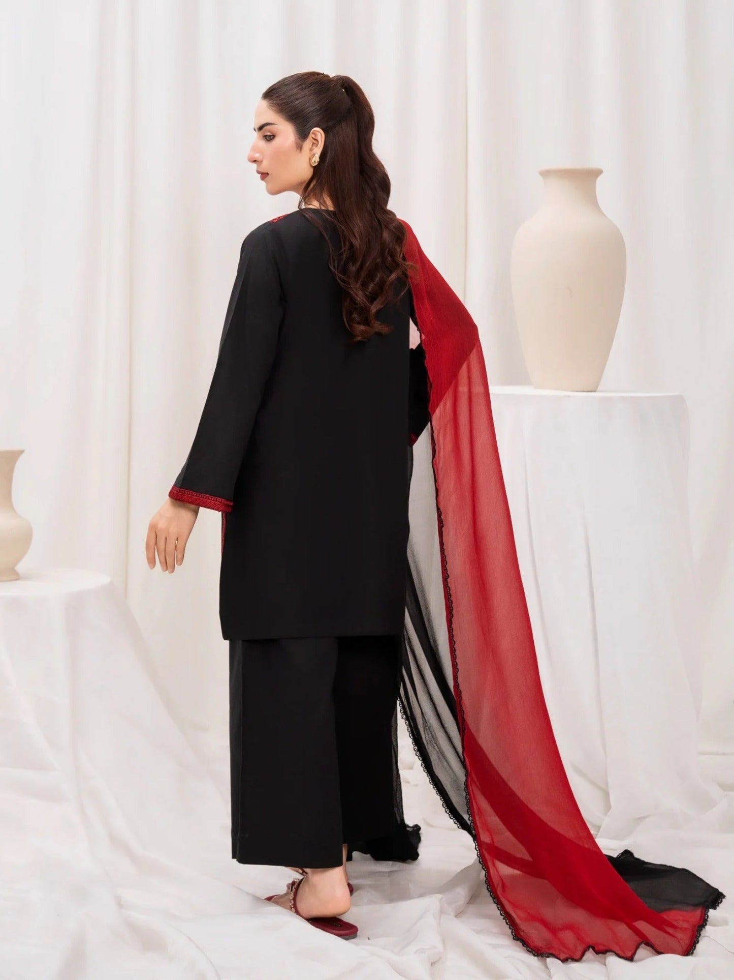 Black - HEM Lawn Cotton Embroidered Stitched 3-Piece Suit-May