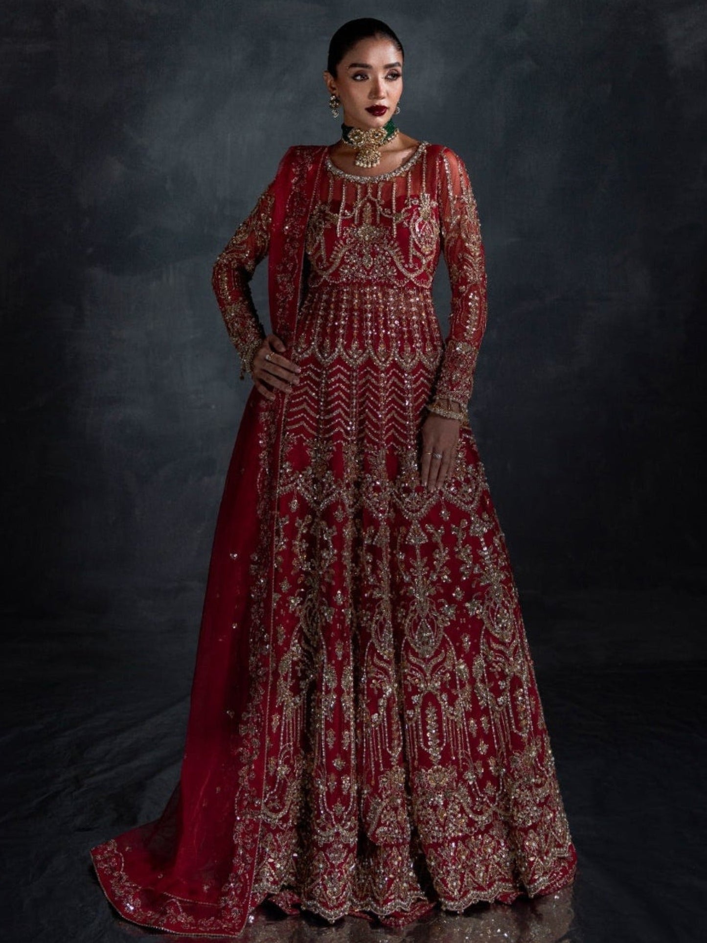 Red Enzo Reve Dore Raw Net Embellished Unstitched Lehnga Set-Eloure