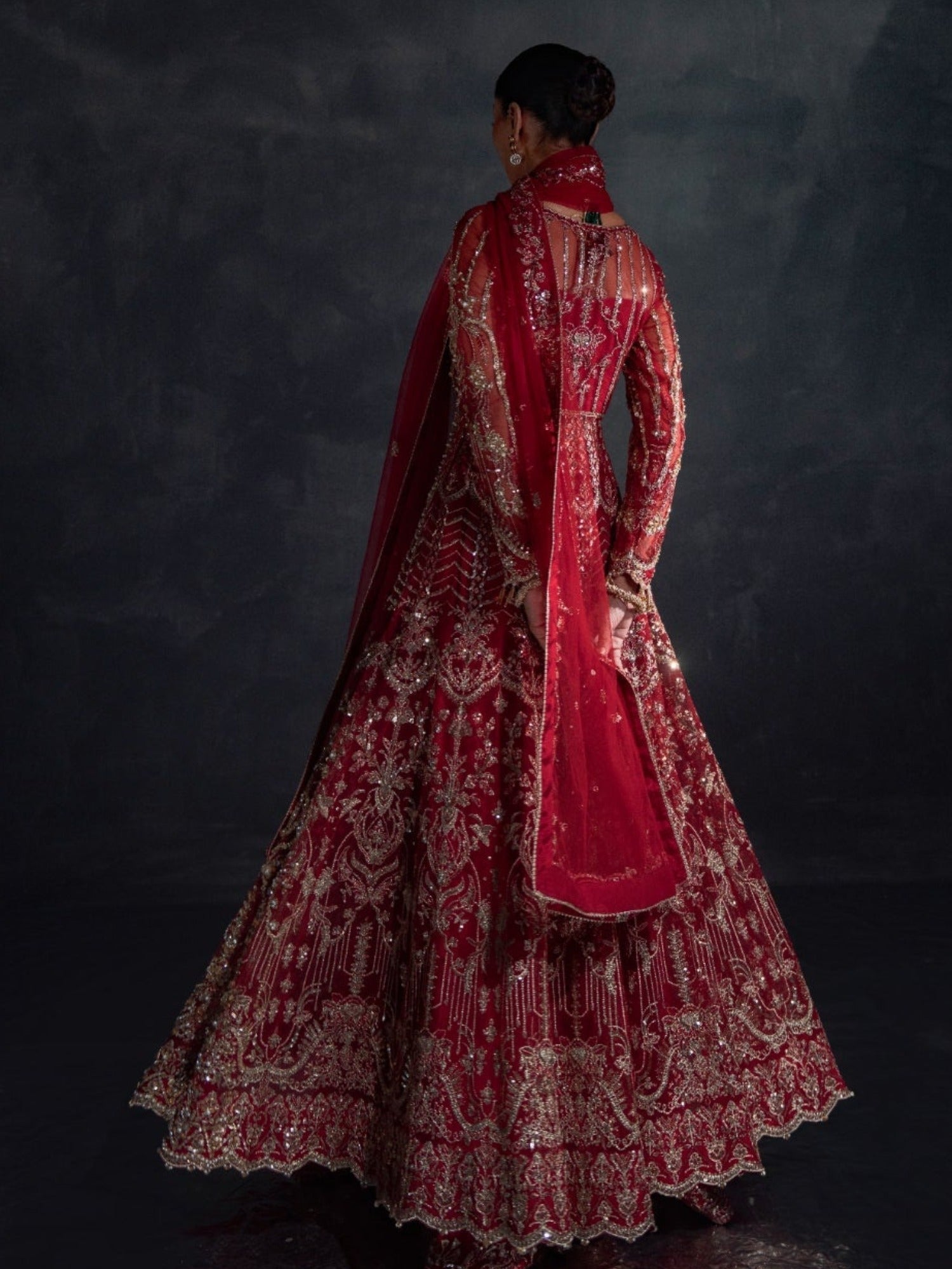 Red Enzo Reve Dore Raw Net Embellished Unstitched Lehnga Set-Eloure
