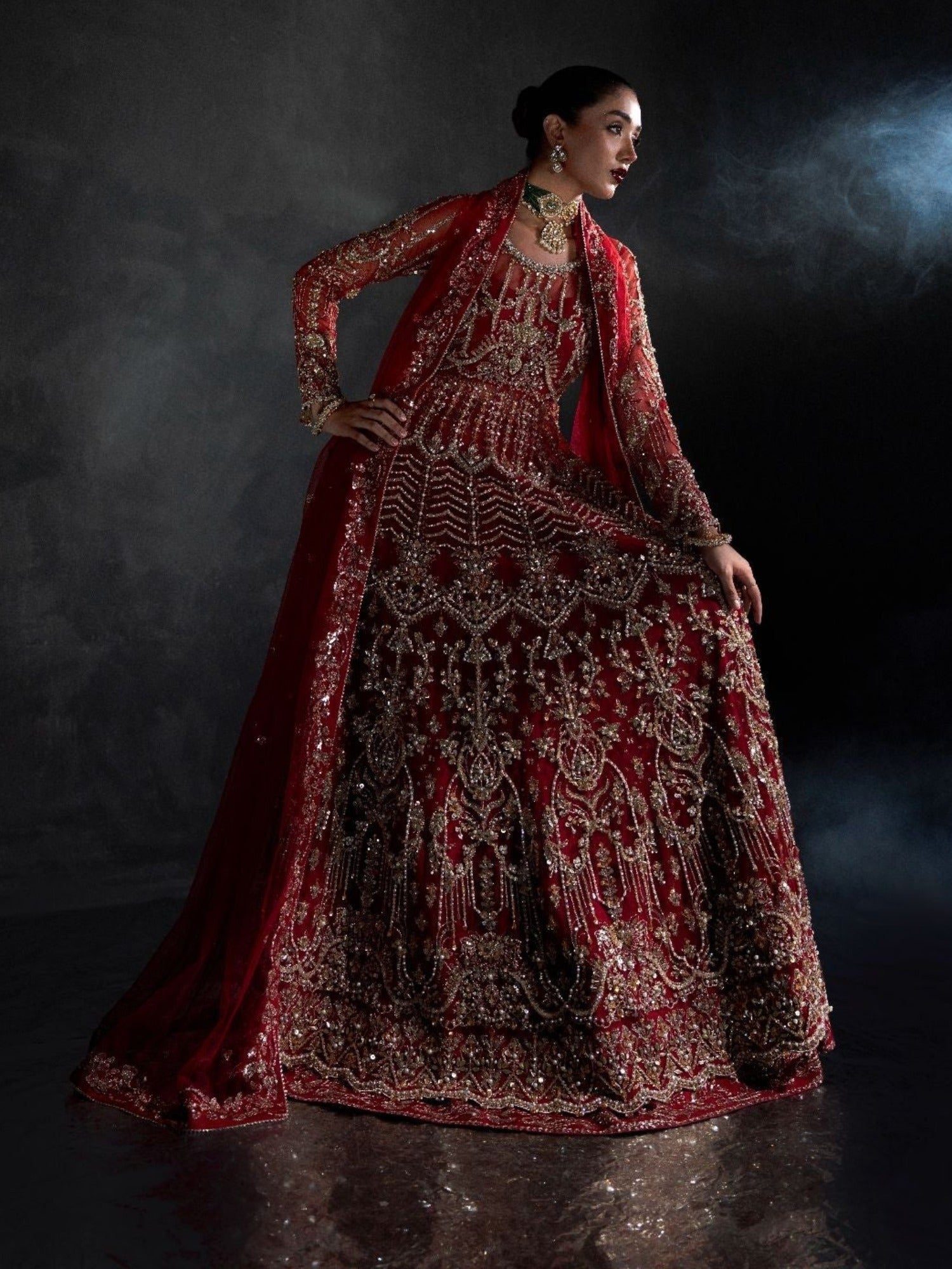 Red Enzo Reve Dore Raw Net Embellished Unstitched Lehnga Set-Eloure
