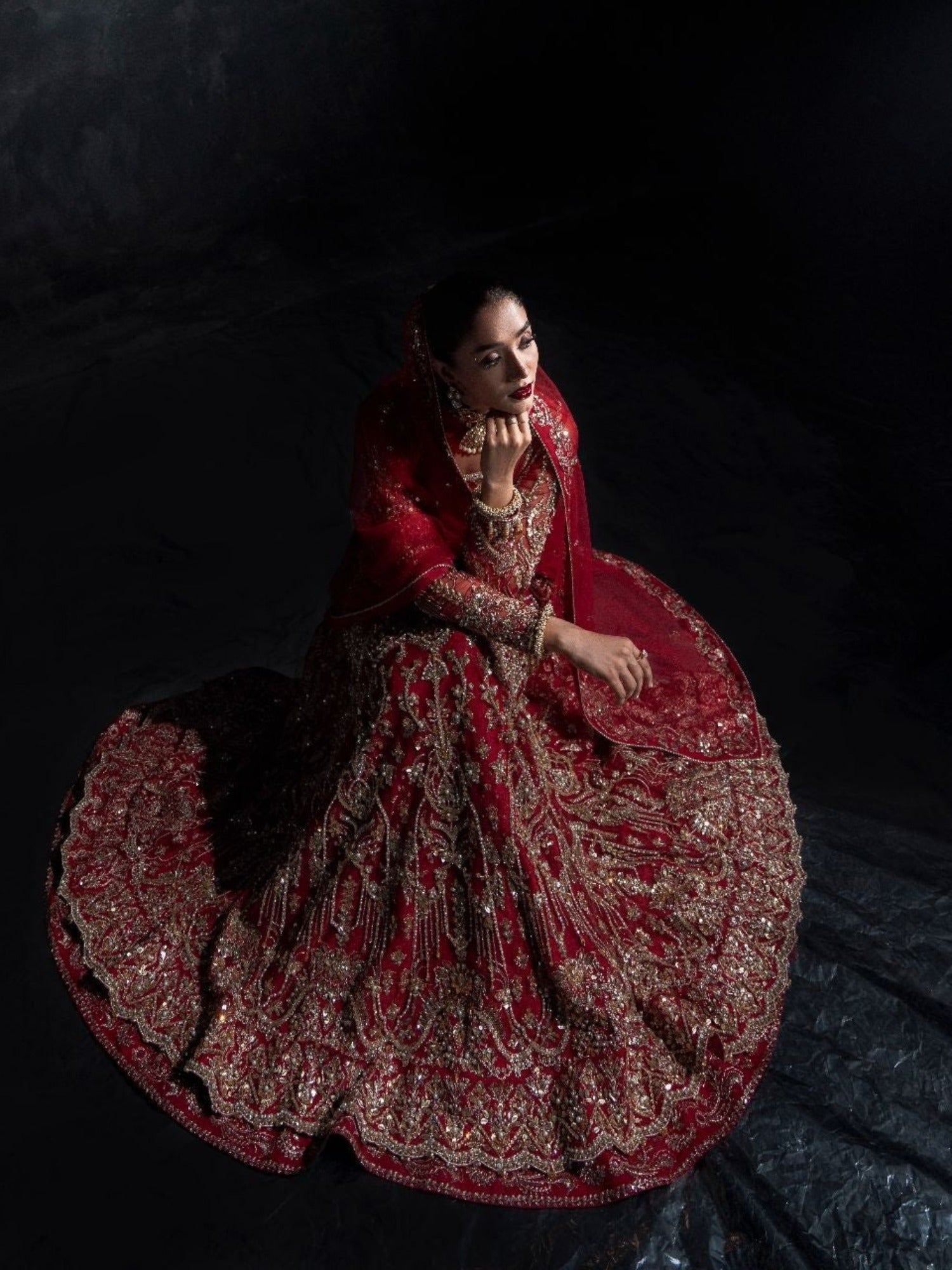 Red Enzo Reve Dore Raw Net Embellished Unstitched Lehnga Set-Eloure
