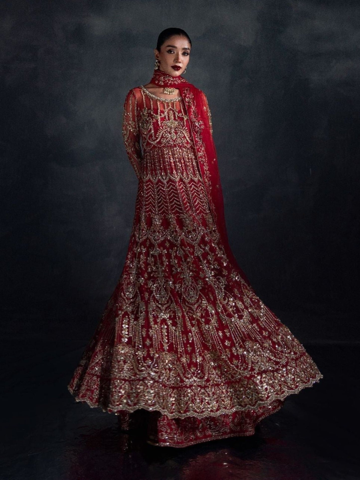 Red Enzo Reve Dore Raw Net Embellished Unstitched Lehnga Set-Eloure