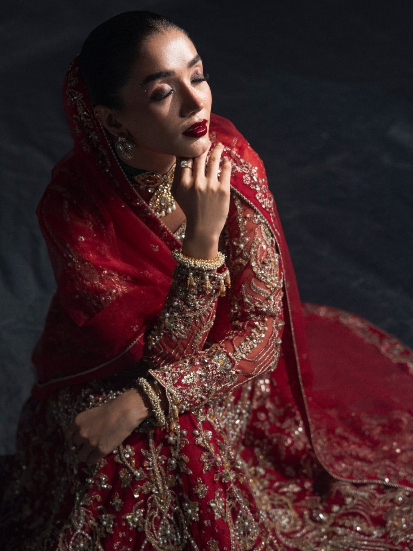 Red Enzo Reve Dore Raw Net Embellished Unstitched Lehnga Set-Eloure