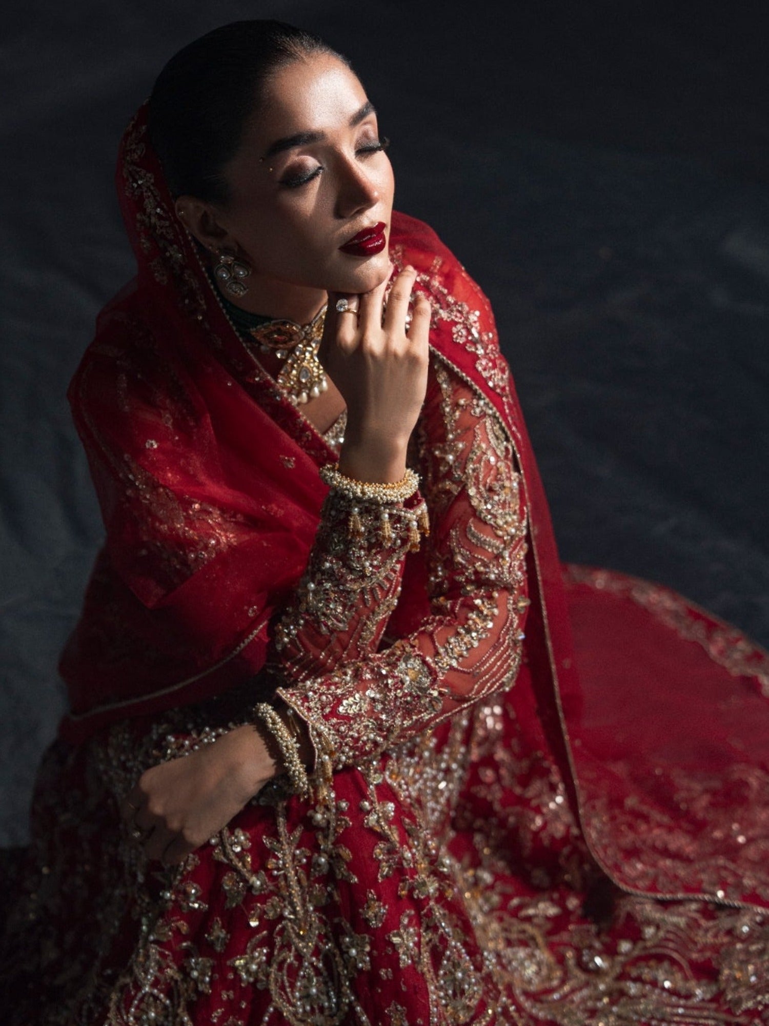 Red Enzo Reve Dore Raw Net Embellished Unstitched Lehnga Set-Eloure