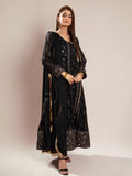 Black Manahil Arts Chiffon Embroidered Stitched 3-Piece Suit-Kurti 099-Black