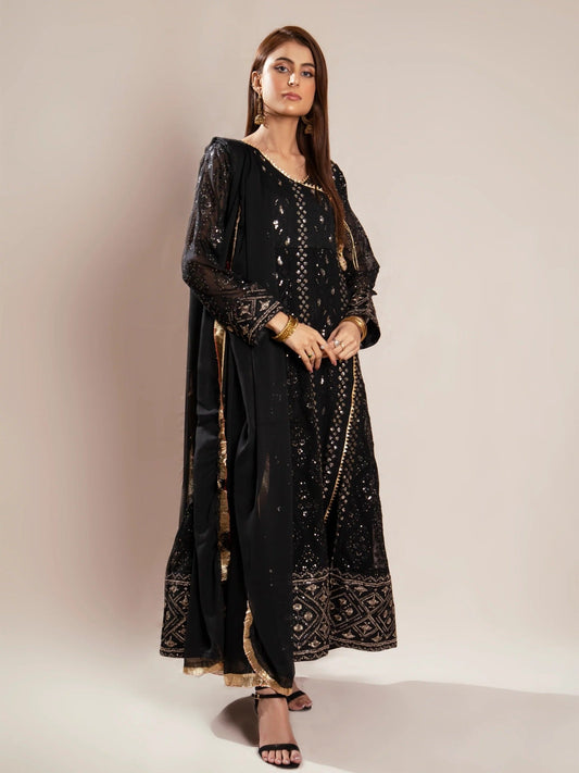 Black Manahil Arts Chiffon Embroidered Stitched 3-Piece Suit-Kurti 099-Black