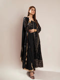 Black Manahil Arts Chiffon Embroidered Stitched 3-Piece Suit-Kurti 099-Black