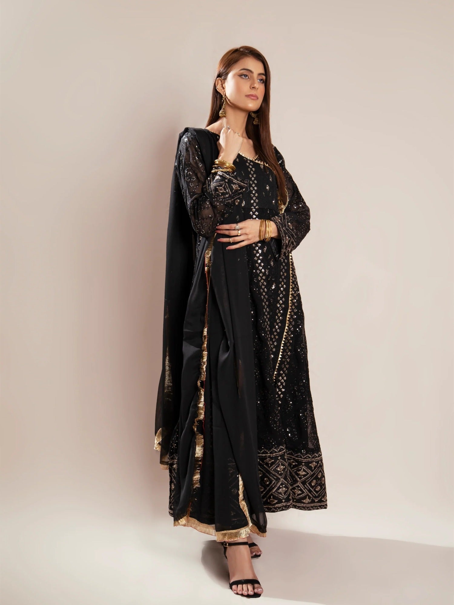 Black Manahil Arts Chiffon Embroidered Stitched 3-Piece Suit-Kurti 099-Black