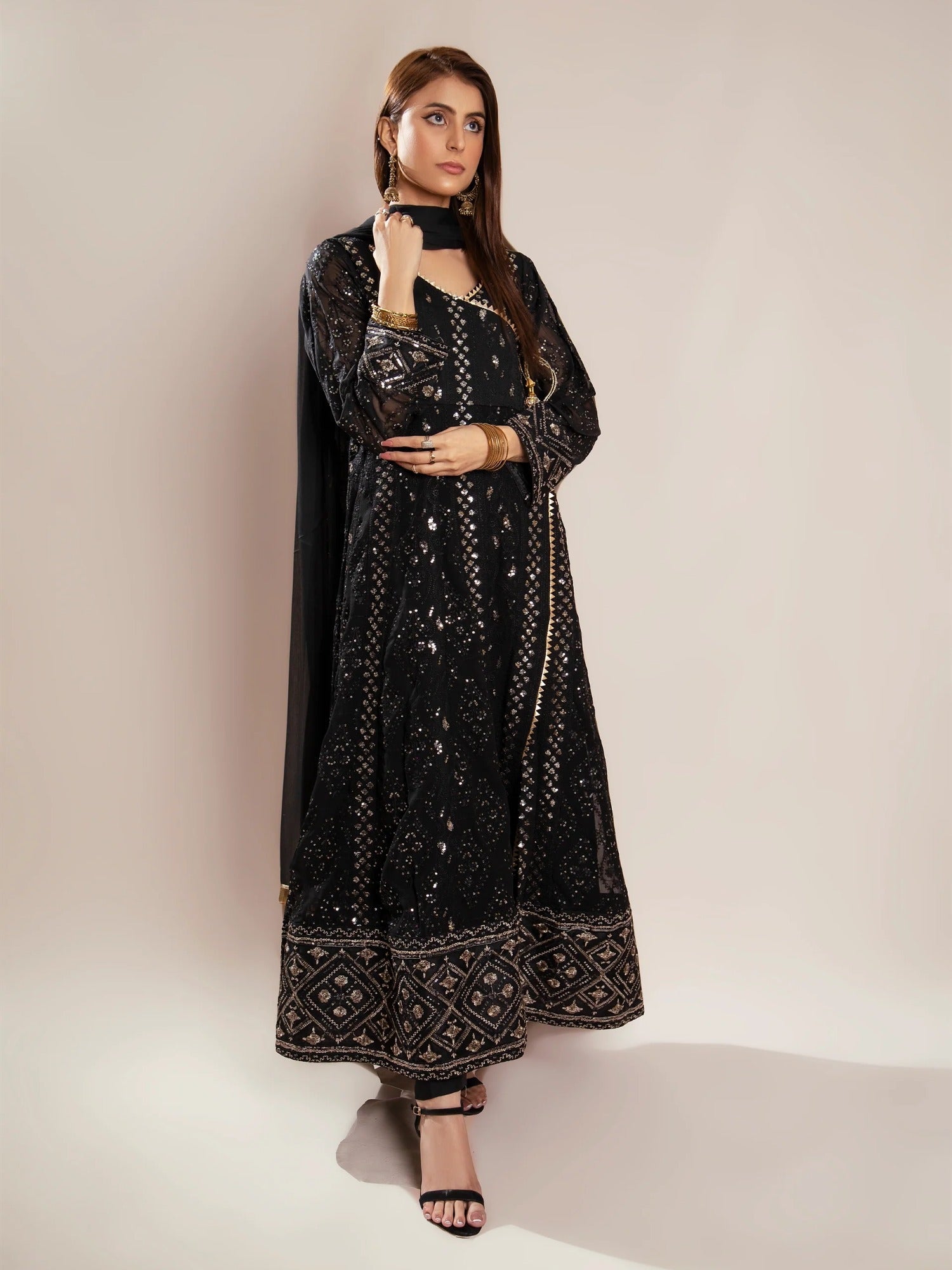 Black Manahil Arts Chiffon Embroidered Stitched 3-Piece Suit-Kurti 099-Black