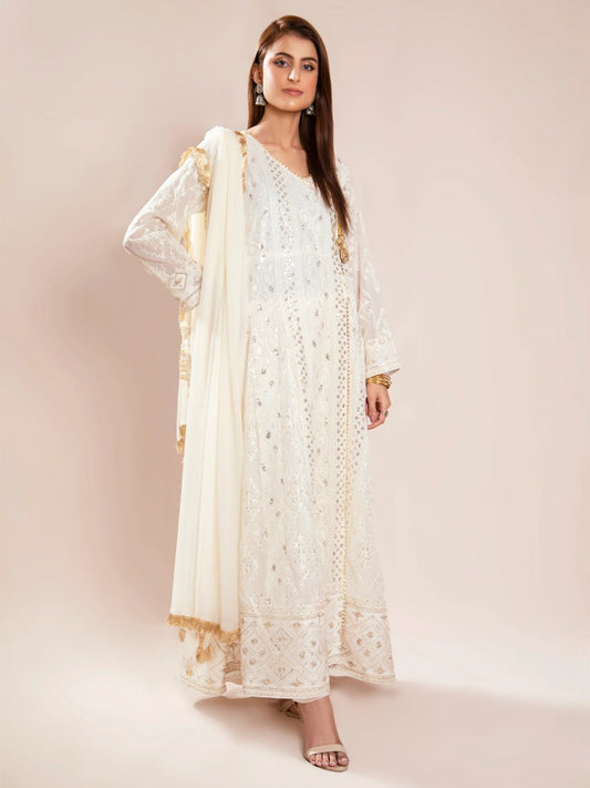 Manahil Arts Chiffon Embroidered Stitched 3-Piece Suit-Kurti 099-Off White