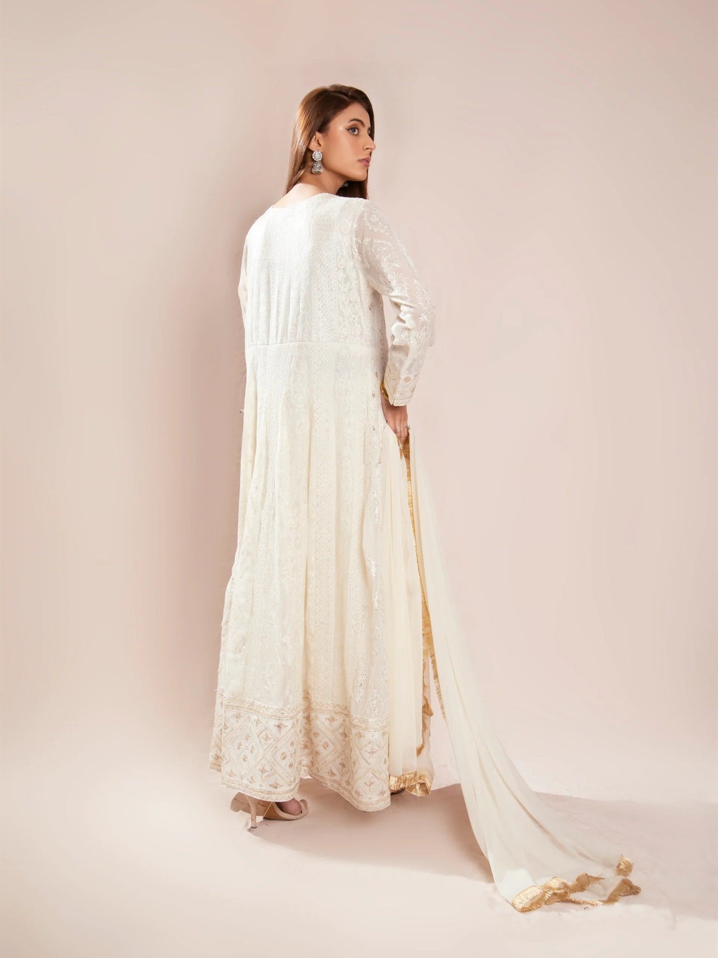 Manahil Arts Chiffon Embroidered Stitched 3-Piece Suit-Kurti 099-Off White