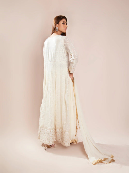 Manahil Arts Chiffon Embroidered Stitched 3-Piece Suit-Kurti 099-Off White