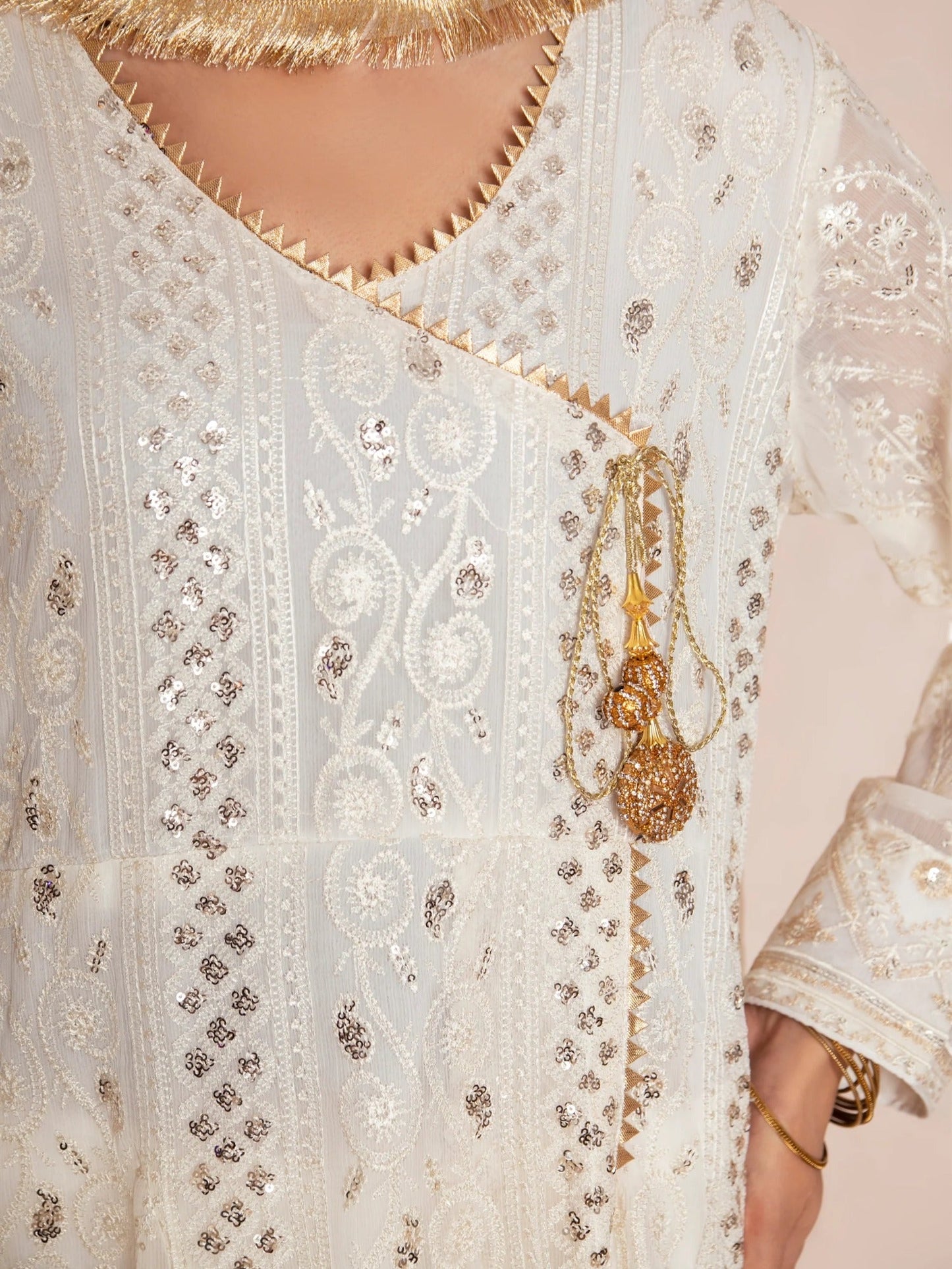 Manahil Arts Chiffon Embroidered Stitched 3-Piece Suit-Kurti 099-Off White