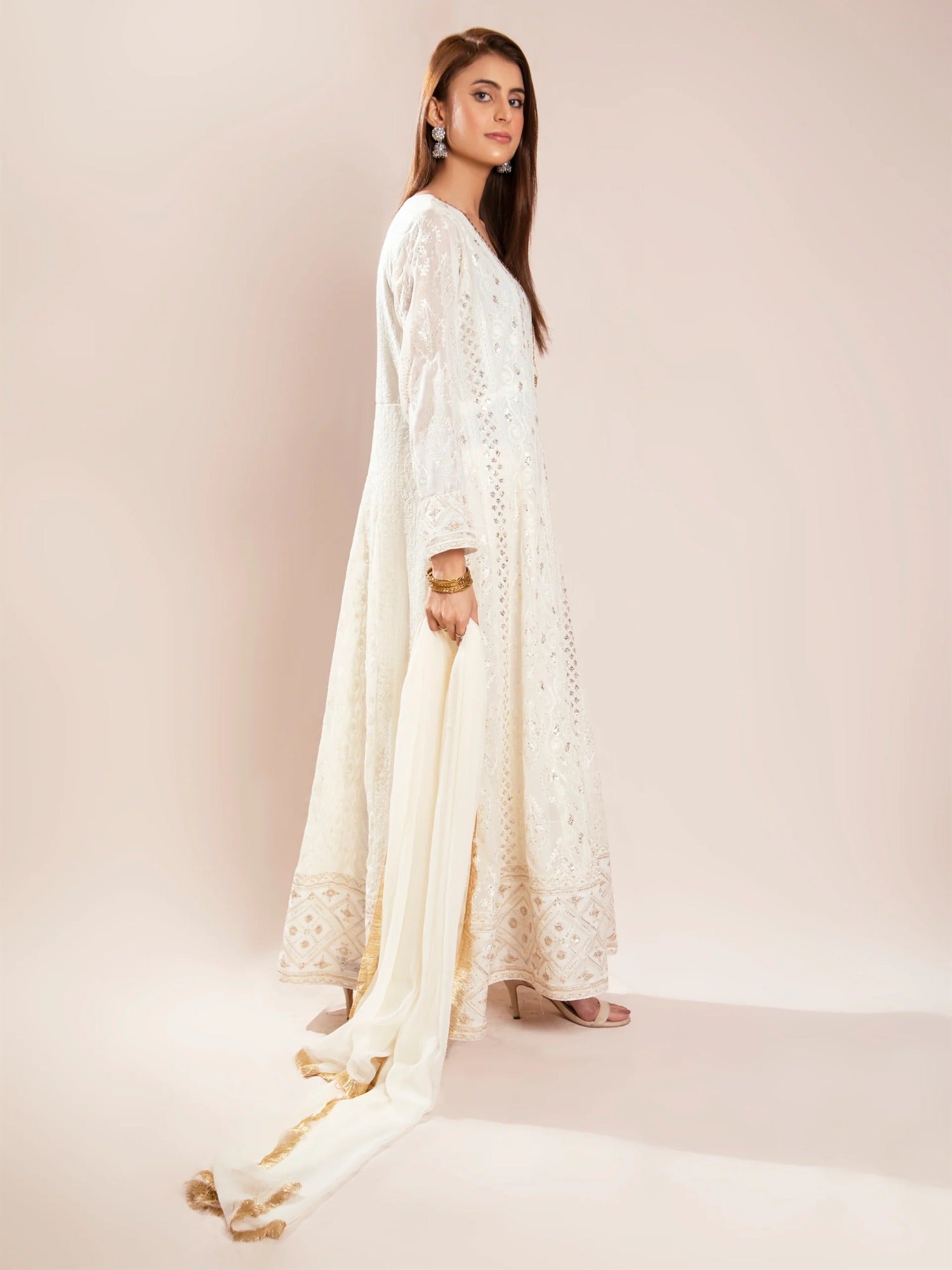 Manahil Arts Chiffon Embroidered Stitched 3-Piece Suit-Kurti 099-Off White