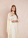 Manahil Arts Chiffon Embroidered Stitched 3-Piece Suit-Kurti 099-Off White and gold