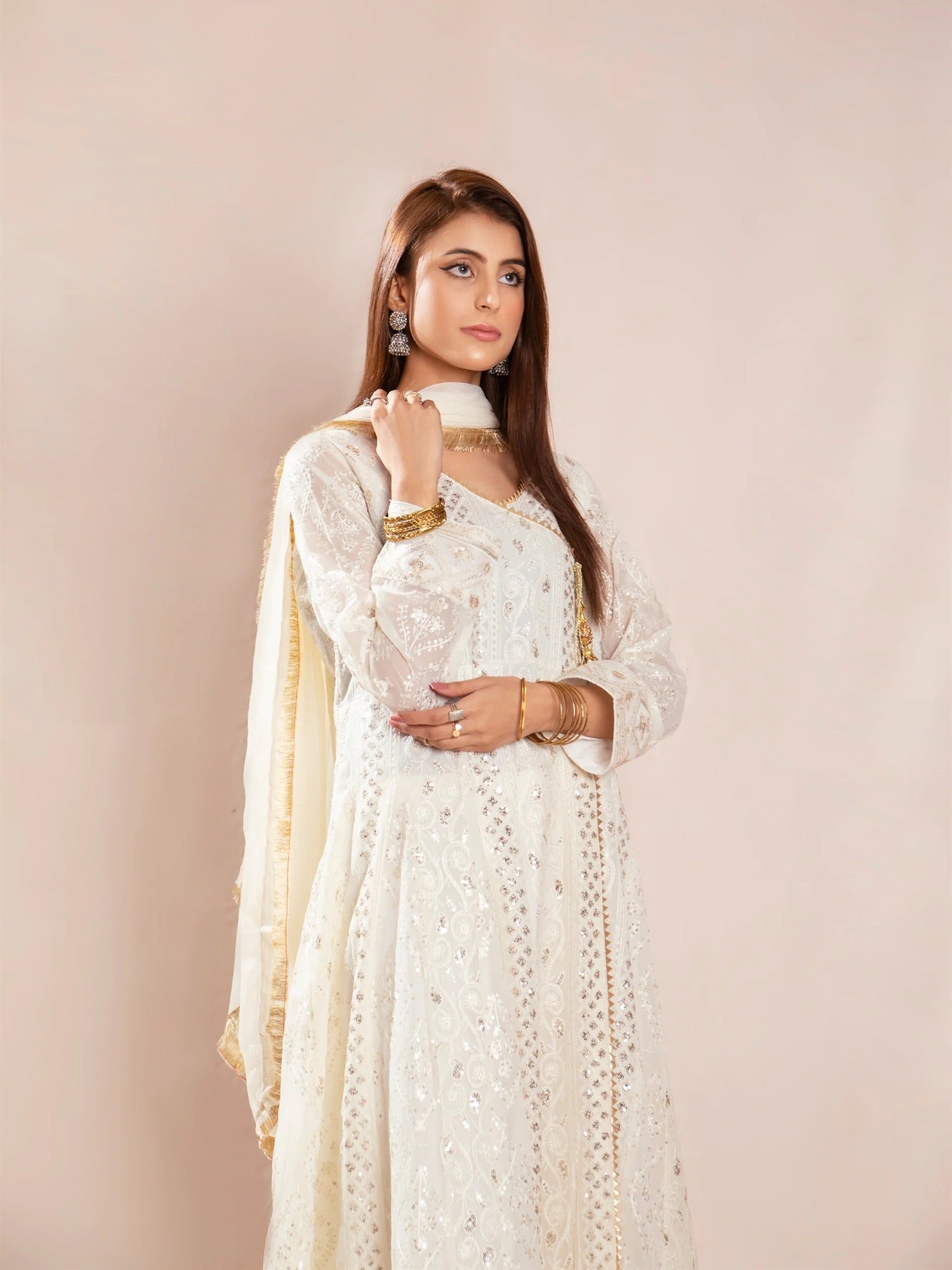 Manahil Arts Chiffon Embroidered Stitched 3-Piece Suit-Kurti 099-Off White and gold