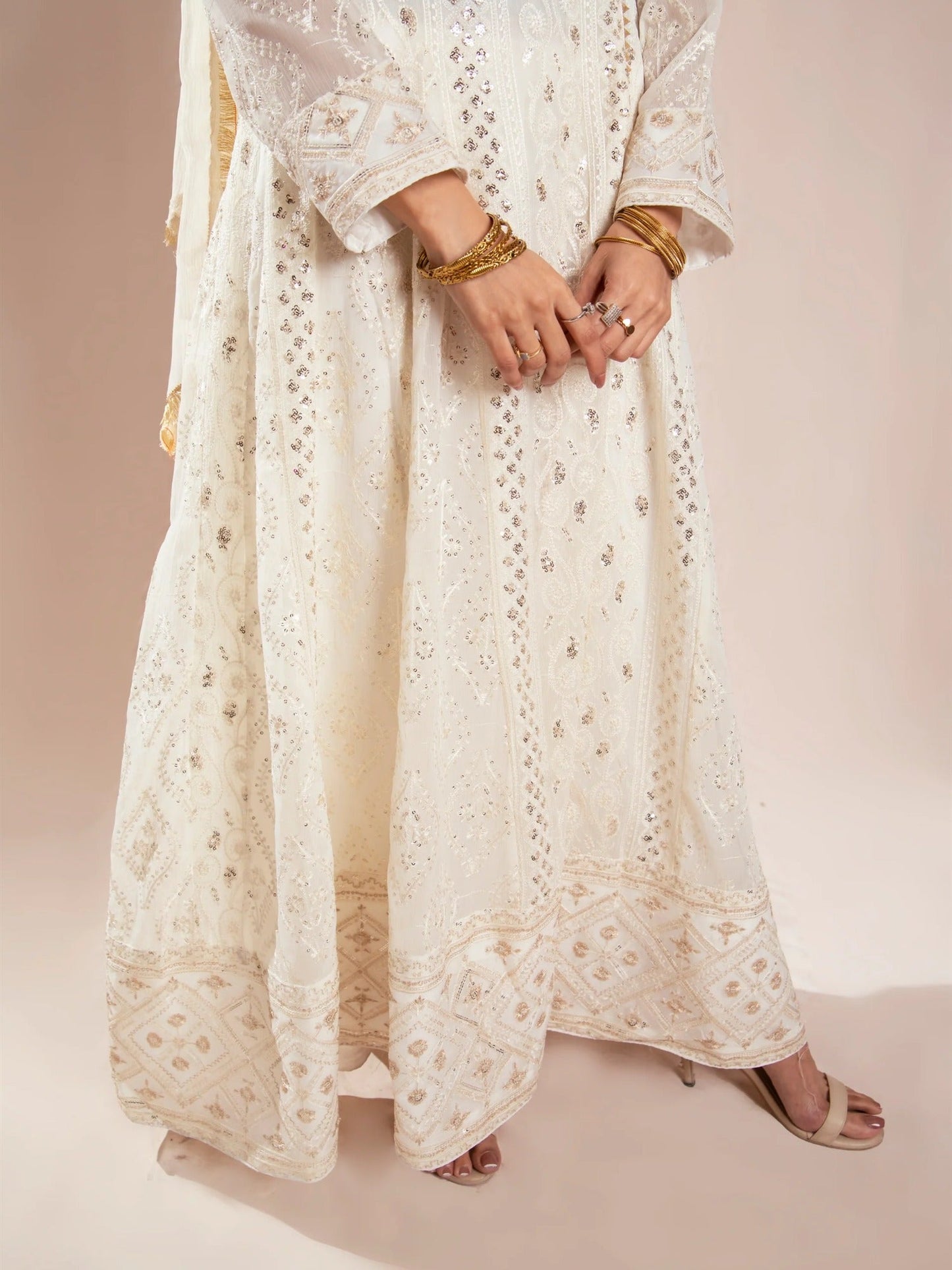 Manahil Arts Chiffon Embroidered Stitched 3-Piece Suit-Kurti 099-Off White
