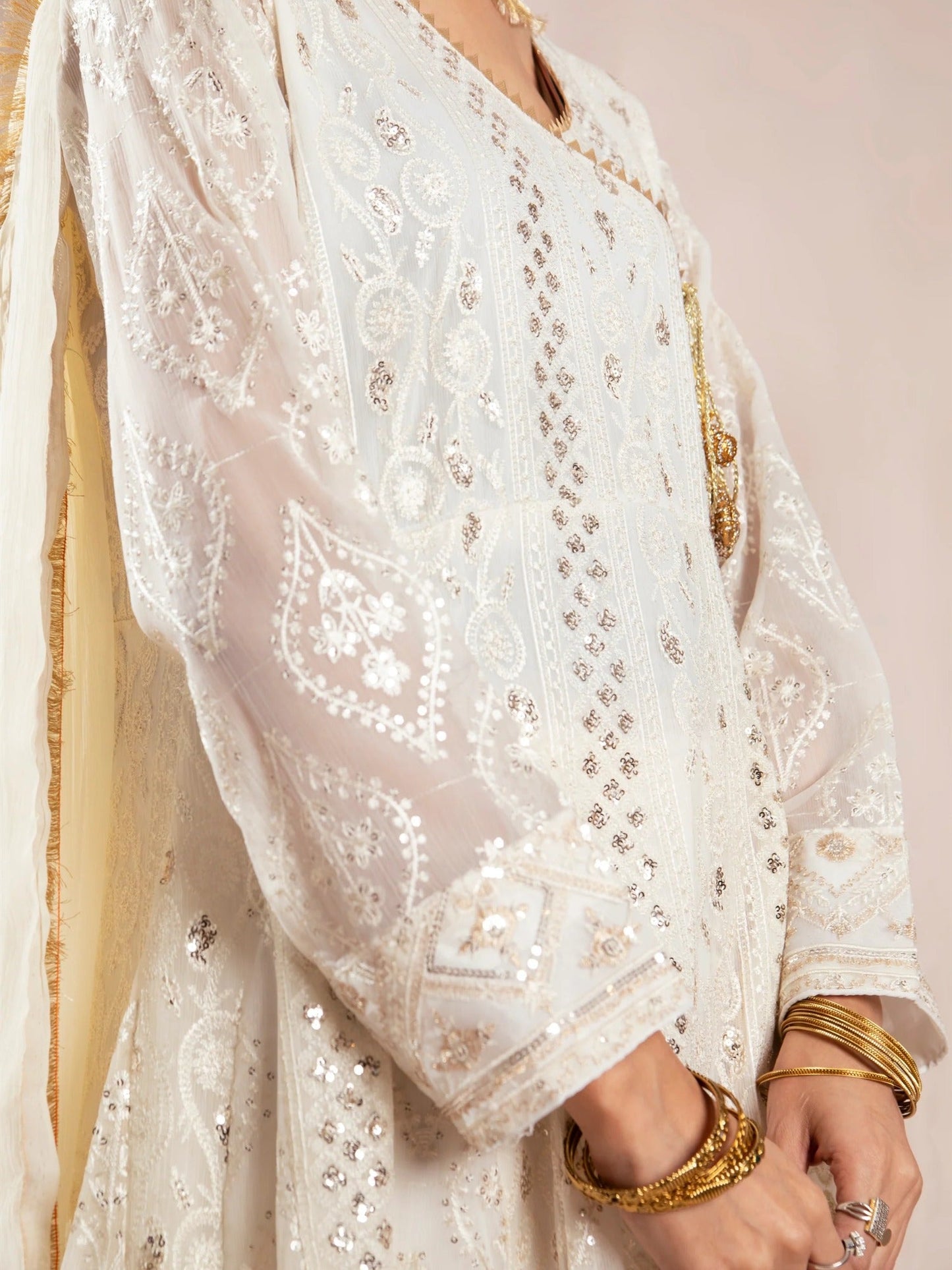 Manahil Arts Chiffon Embroidered Stitched 3-Piece Suit-Kurti 099-Off White