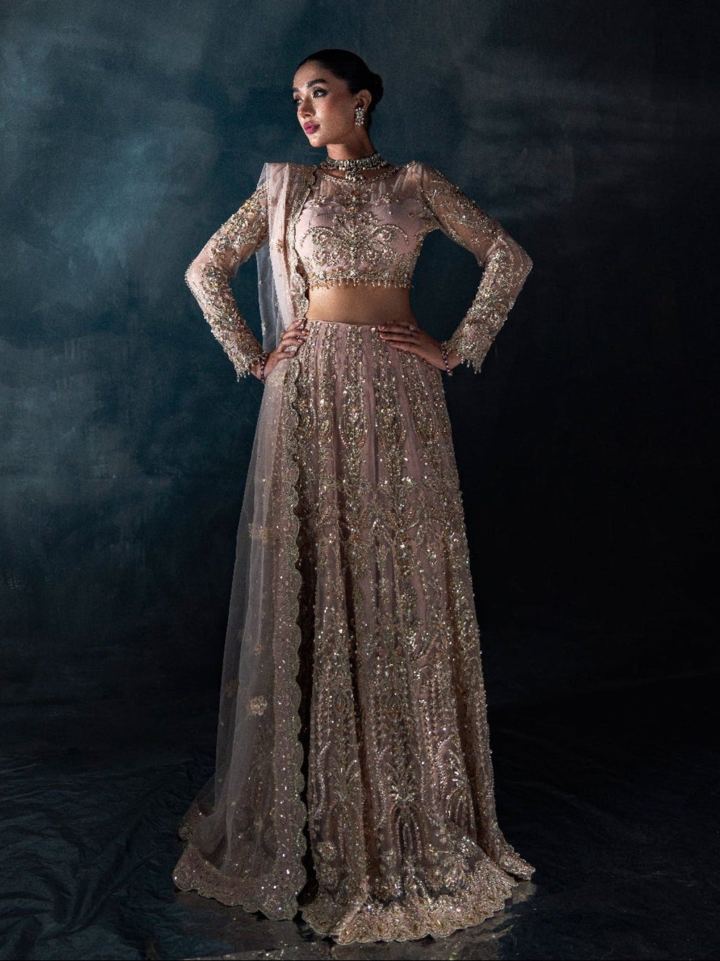 Peach Enzo Reve Dore Net Embellished Unstitched Lehnga Set-Maeve