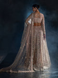 Peach Enzo Reve Dore Net Embellished Unstitched Lehnga Set-Maeve
