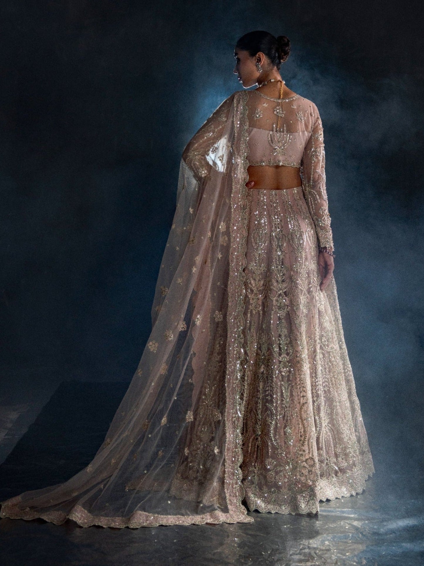 Peach Enzo Reve Dore Net Embellished Unstitched Lehnga Set-Maeve