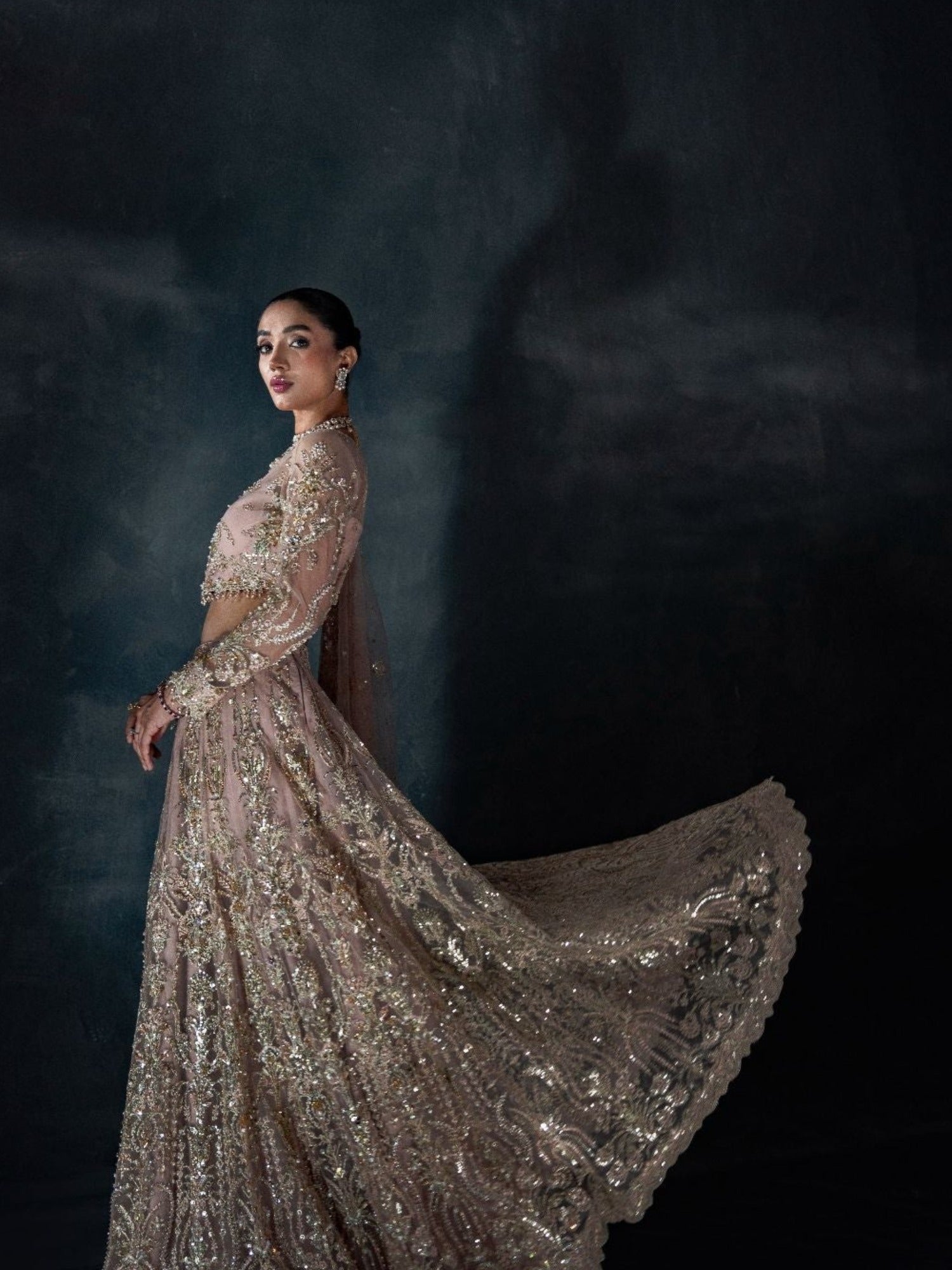 Peach Enzo Reve Dore Net Embellished Unstitched Lehnga Set-Maeve