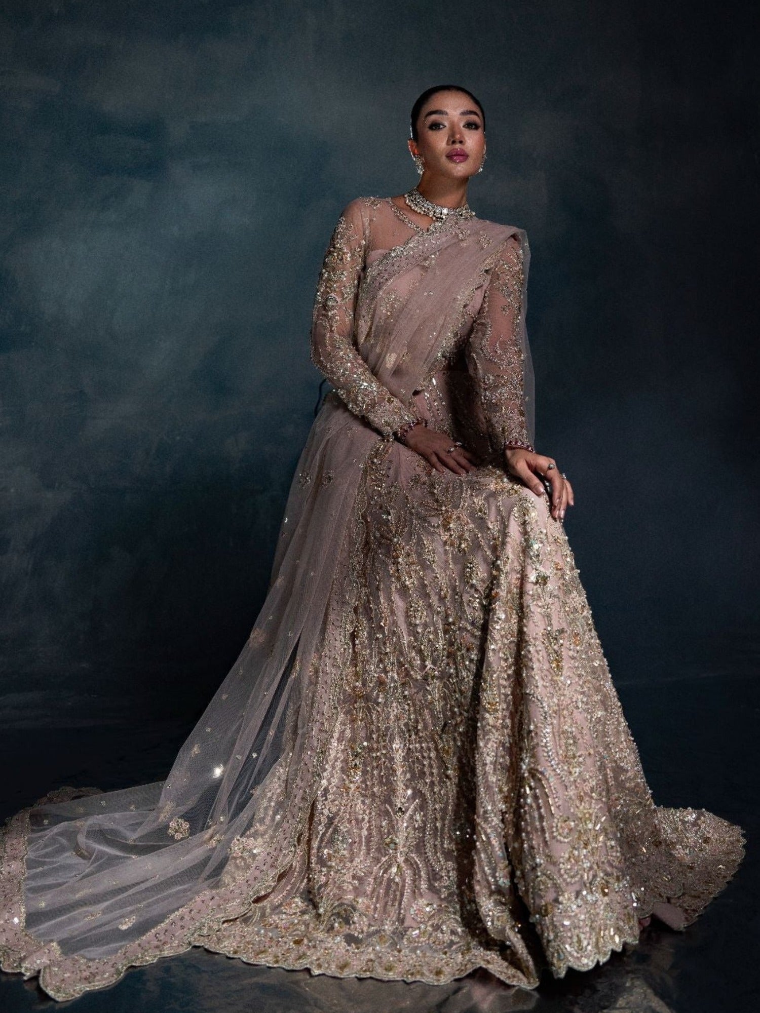 Peach Enzo Reve Dore Net Embellished Unstitched Lehnga Set-Maeve