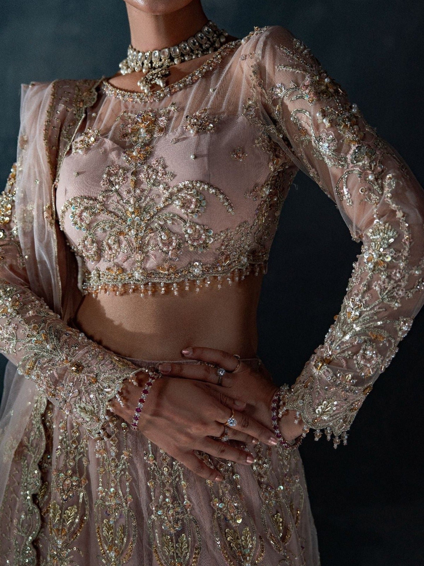 Peach Enzo Reve Dore Net Embellished Unstitched Lehnga Set-Maeve