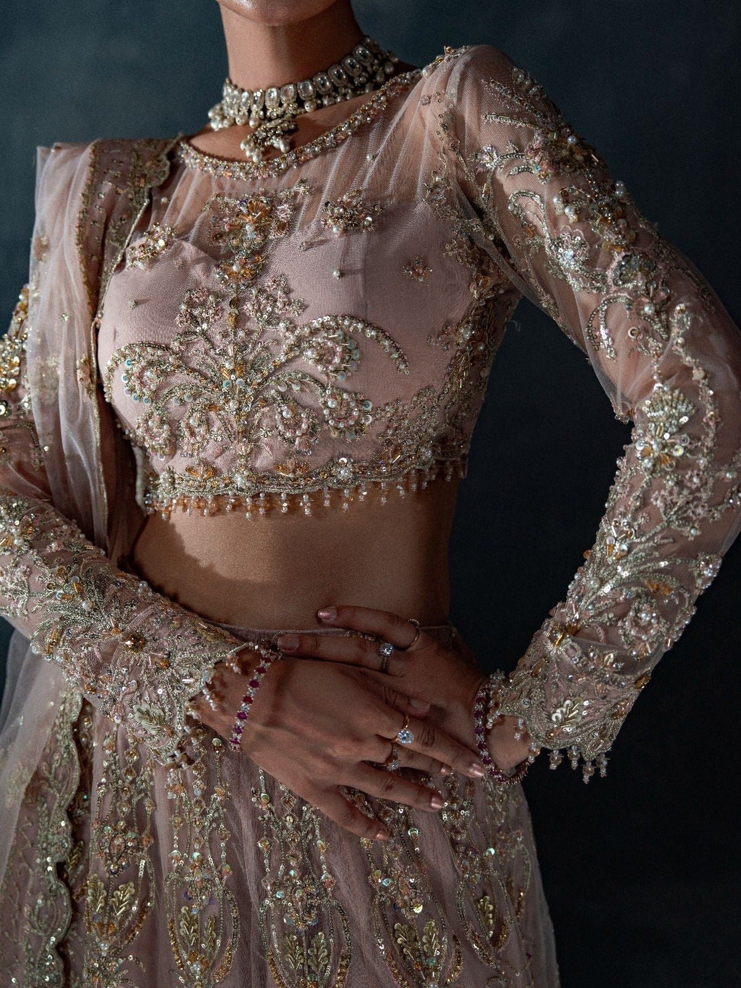 Peach Enzo Reve Dore Net Embellished Unstitched Lehnga Set-Maeve