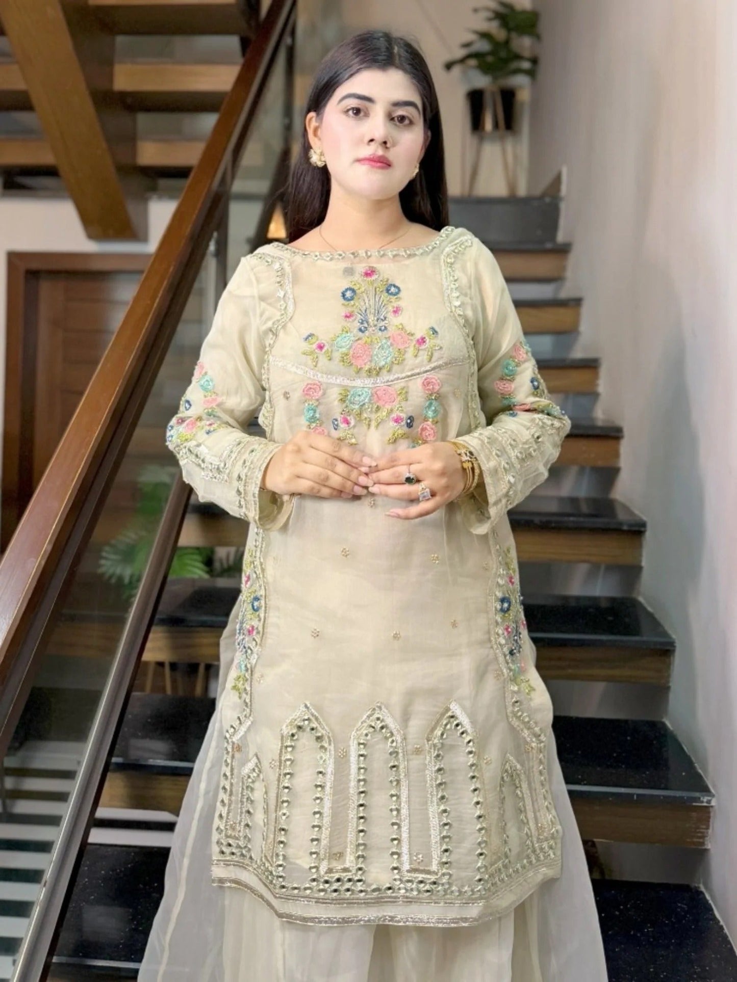 Ivory-HEM Organza Embellished Sharara-Leela