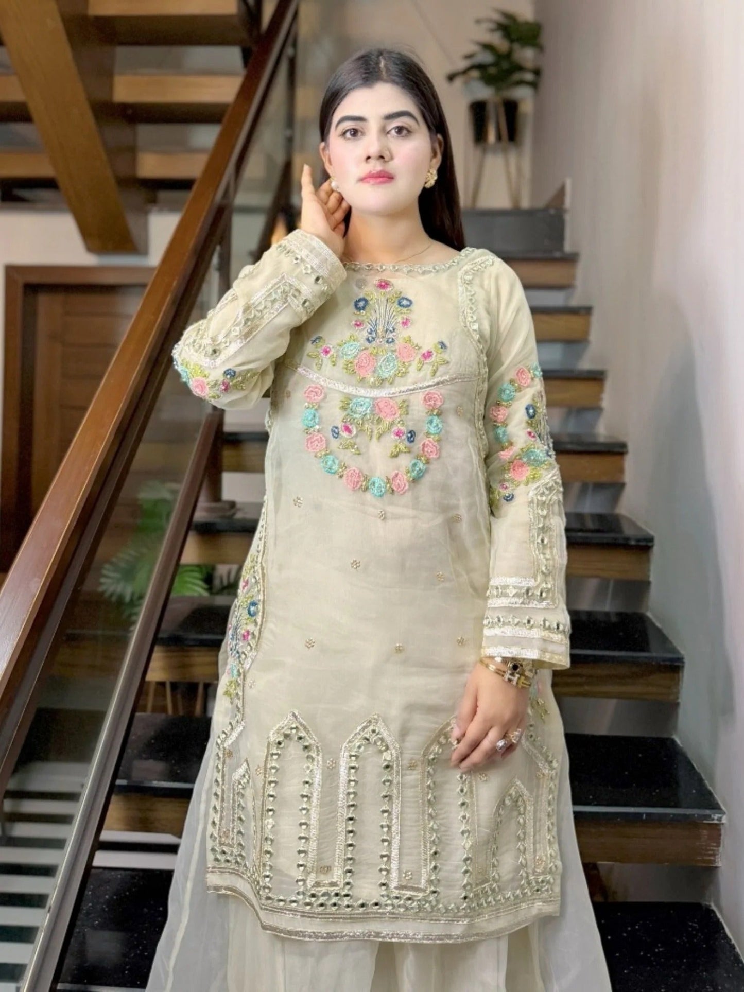 Ivory-HEM Organza Embellished Sharara-Leela